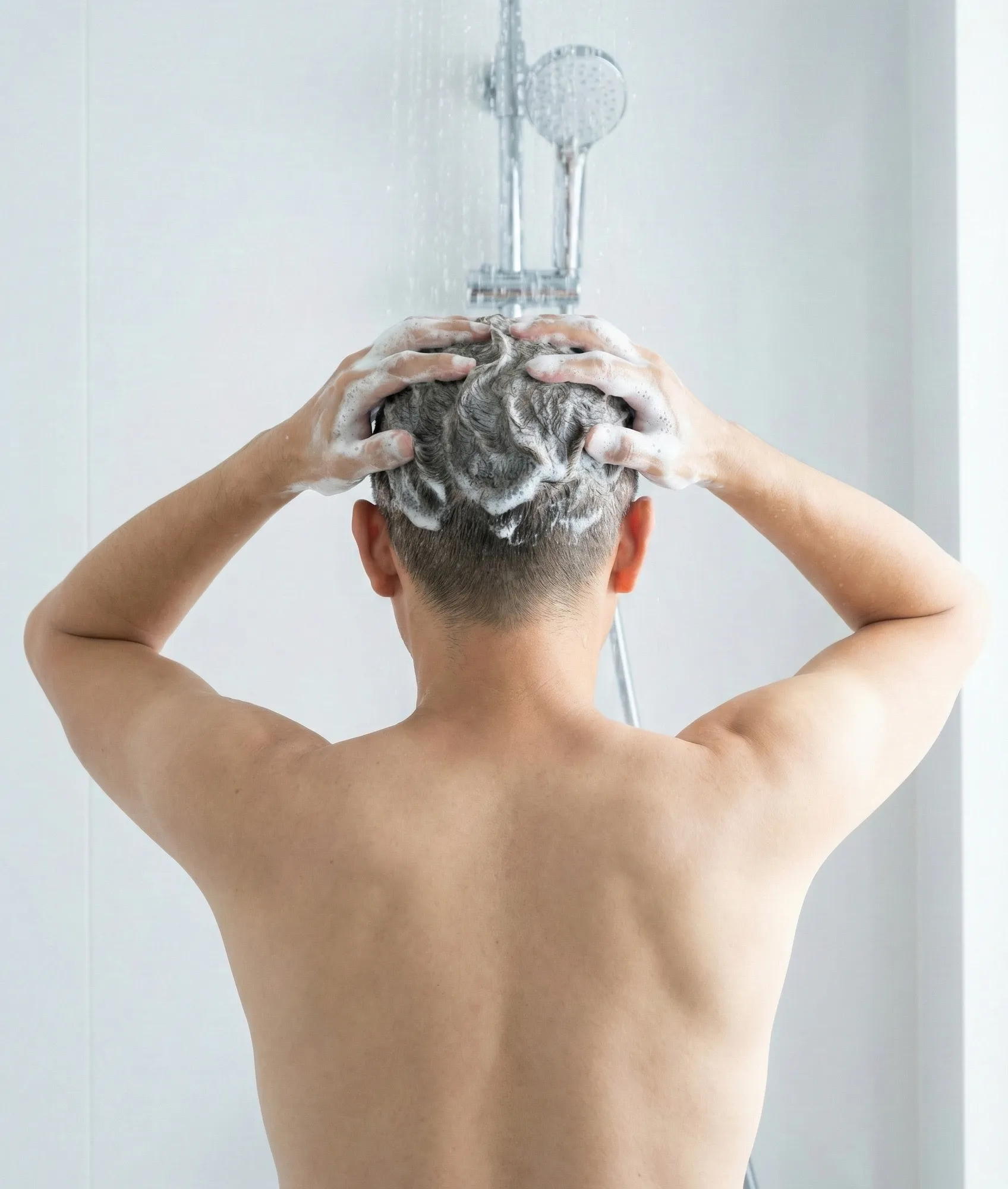 育毛シャンプーを使用する男性 - 頭皮環境改善には効果があるがAGA治療には不十分