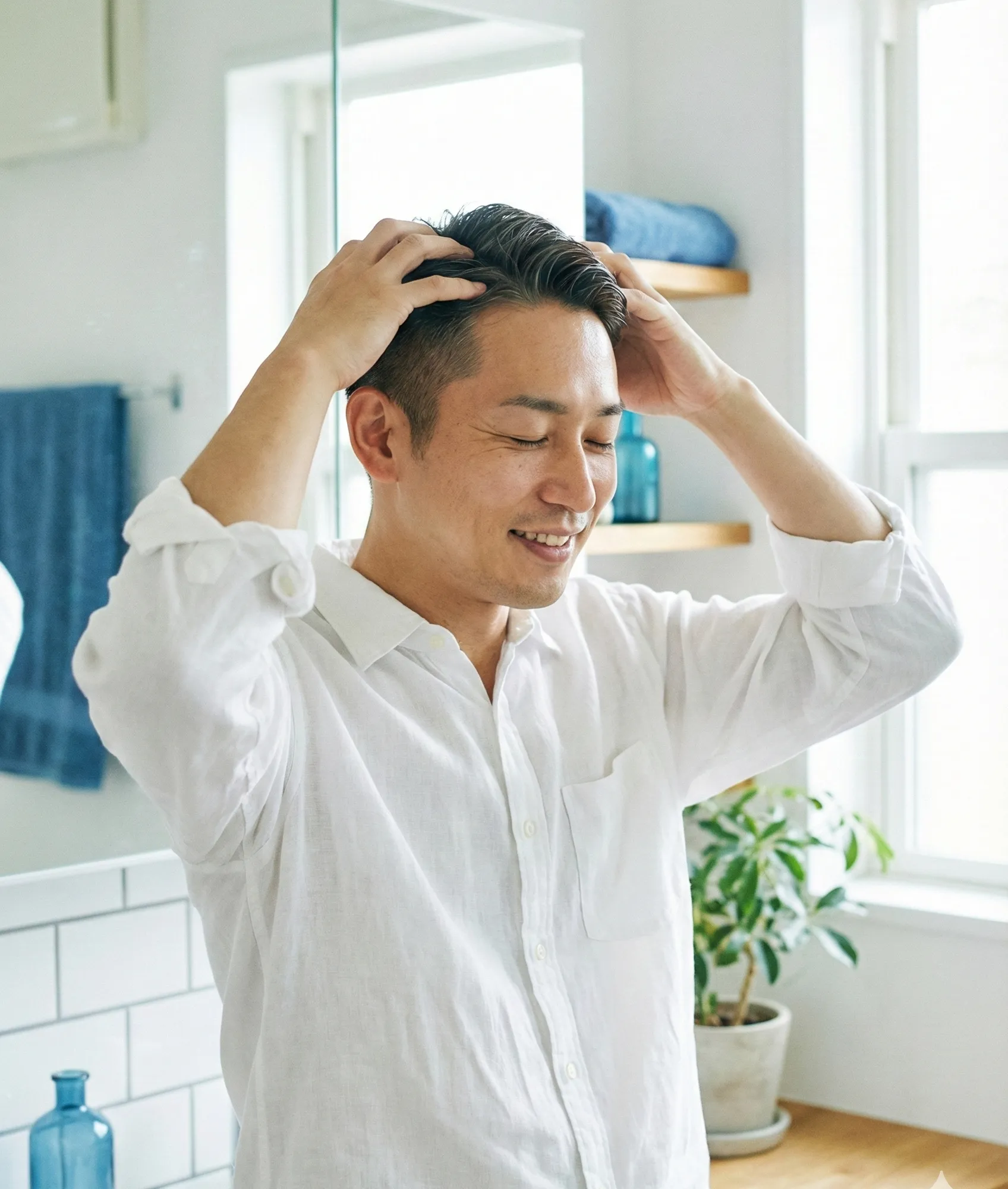 頭皮マッサージをする男性 - 血行促進効果はあるがAGAの進行は止められない