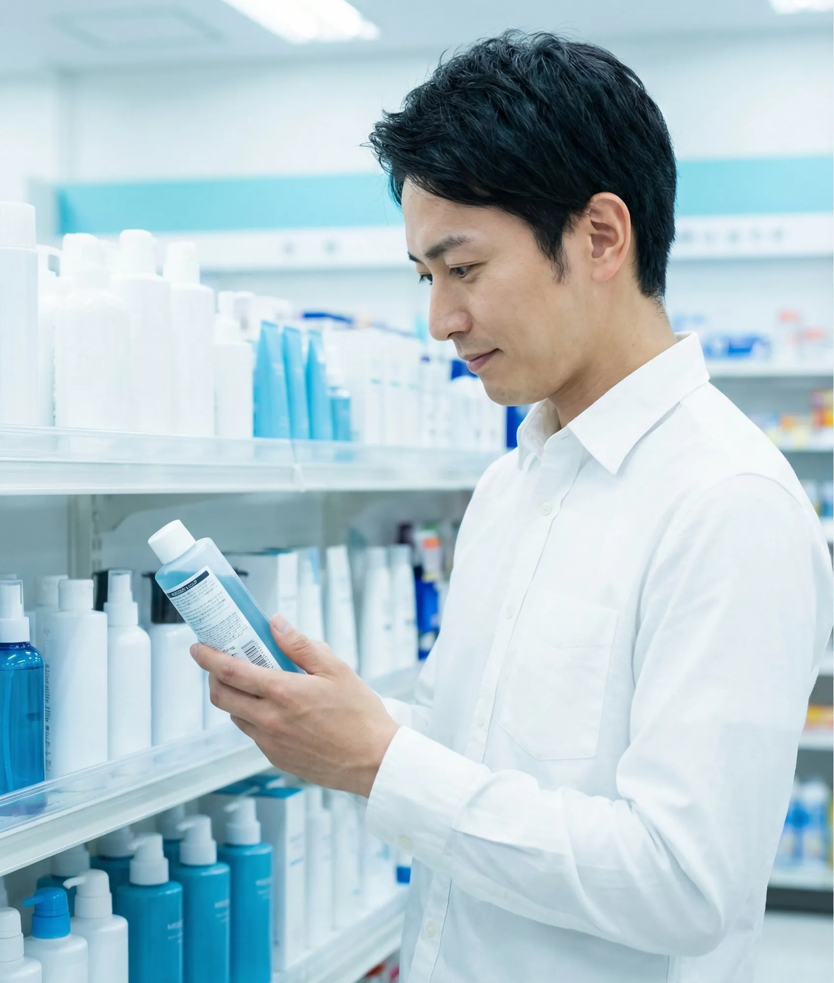 市販の育毛剤を使用する男性 - 有効成分が低濃度でAGA治療には効果不十分